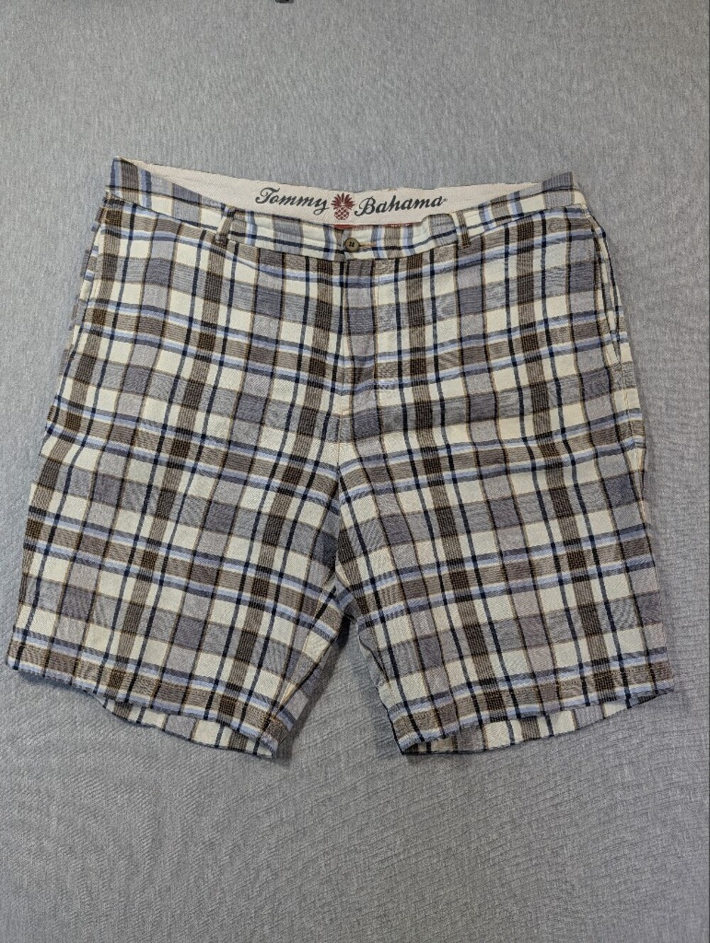 Tommy Bahama Paradise Nation Linen Blend Plaid Shorts Men's 40 Brown Blue